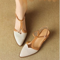 Women's cow leather mix color patchwork pointed toe ankle strap kitten heel sandals elegant ladies daily dress pumps shoes woman